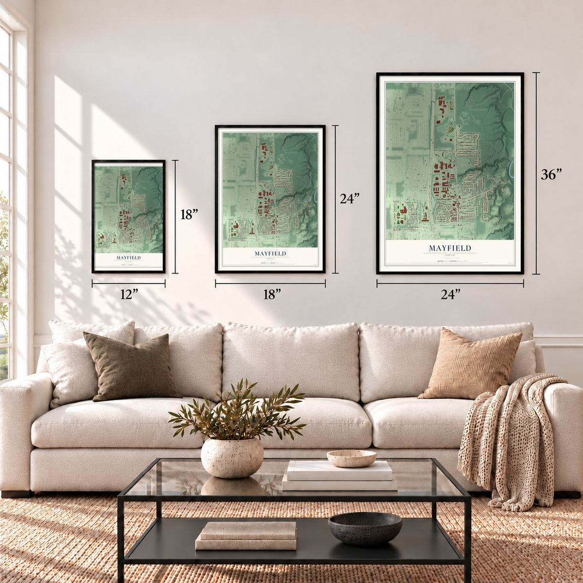 Mayfield, Ohio map in 12 x 18, 18 x 24 and 24 x 36 inch sizes above a sofa