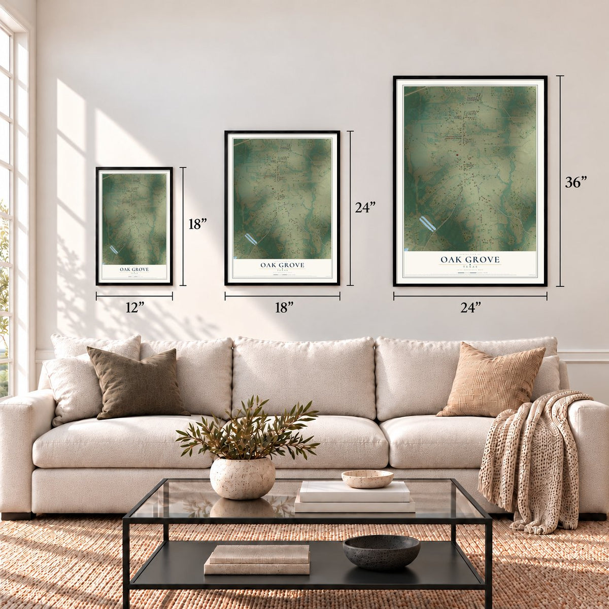 Oak Grove, Texas map in 12 x 18, 18 x 24 and 24 x 36 inch sizes above a sofa