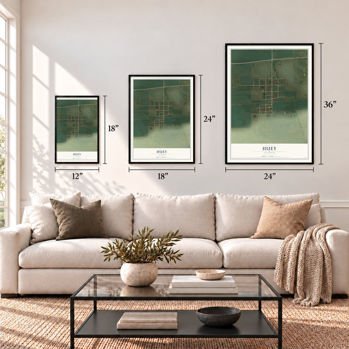 Huey, Illinois map in 12 x 18, 18 x 24 and 24 x 36 inch sizes above a sofa