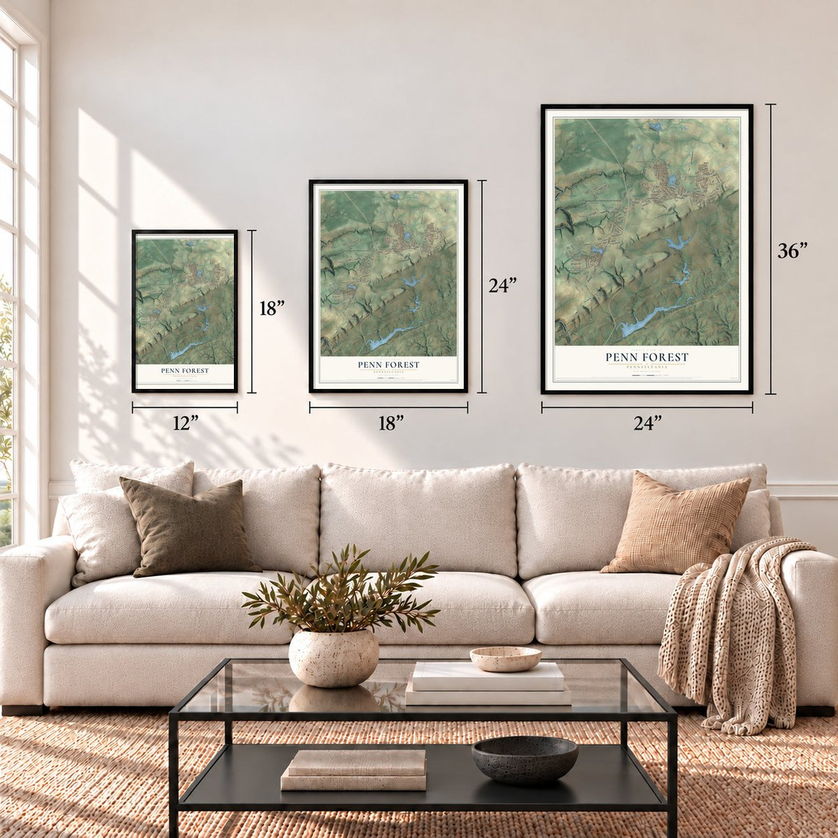 Penn Forest, Pennsylvania map in 12 x 18, 18 x 24 and 24 x 36 inch sizes above a sofa