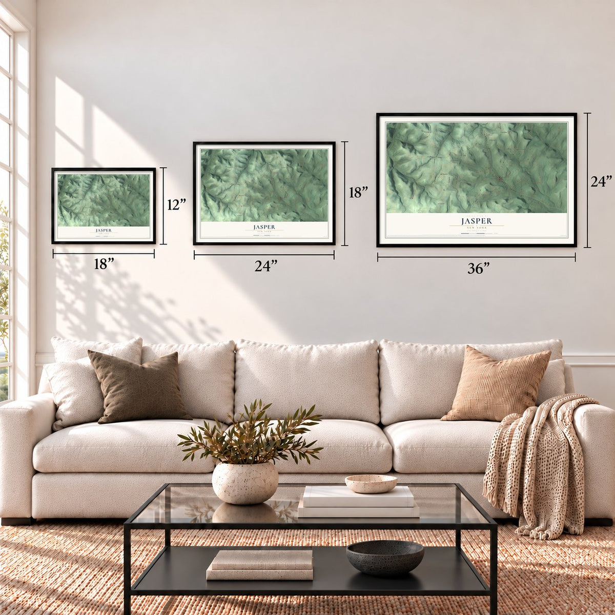 Jasper, New York map in 12 x 18, 18 x 24 and 24 x 36 inch sizes above a sofa