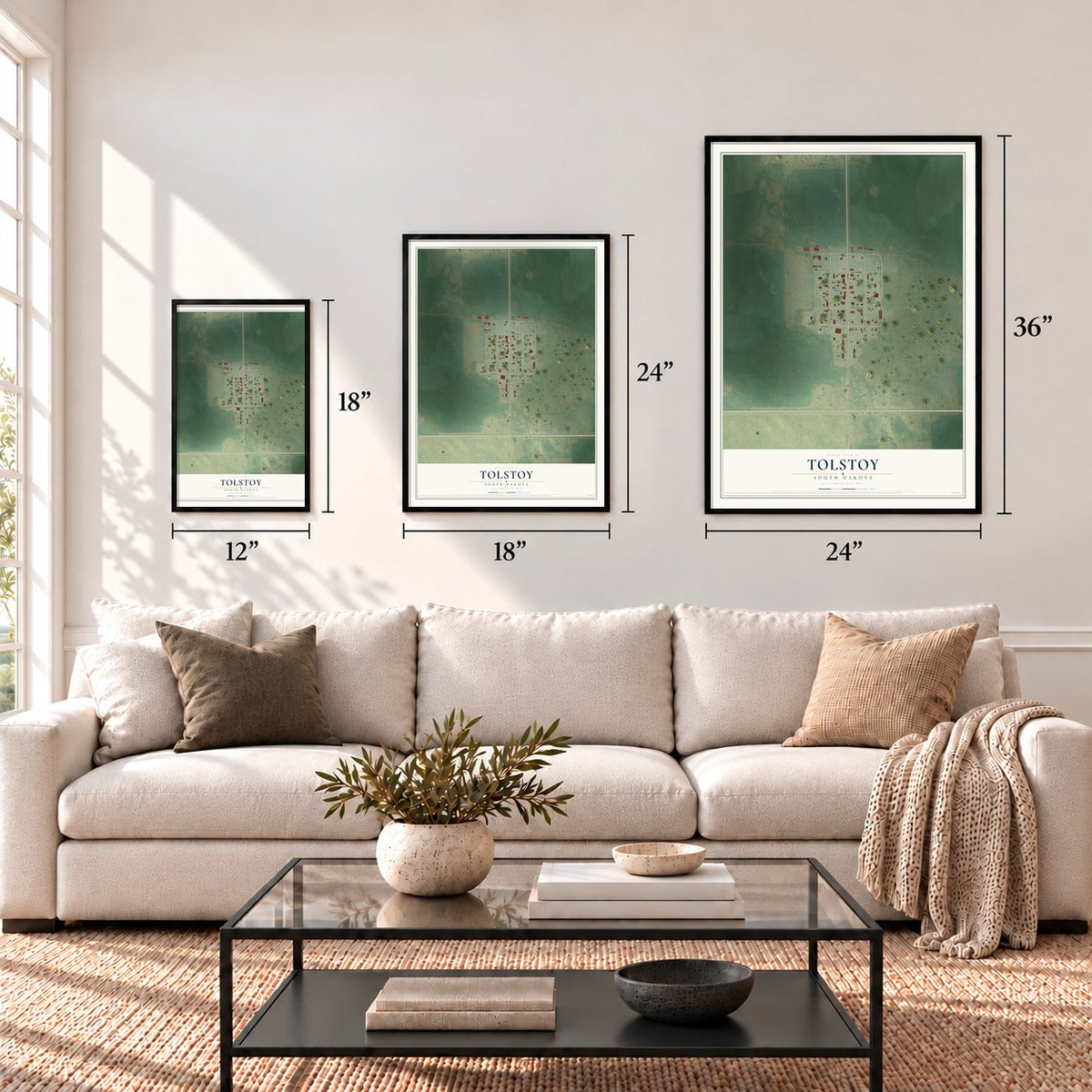 Tolstoy, South Dakota map in 12 x 18, 18 x 24 and 24 x 36 inch sizes above a sofa