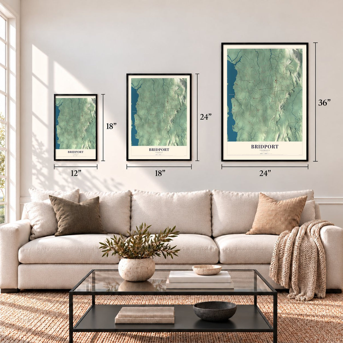 Bridport, Vermont map in 12 x 18, 18 x 24 and 24 x 36 inch sizes above a sofa