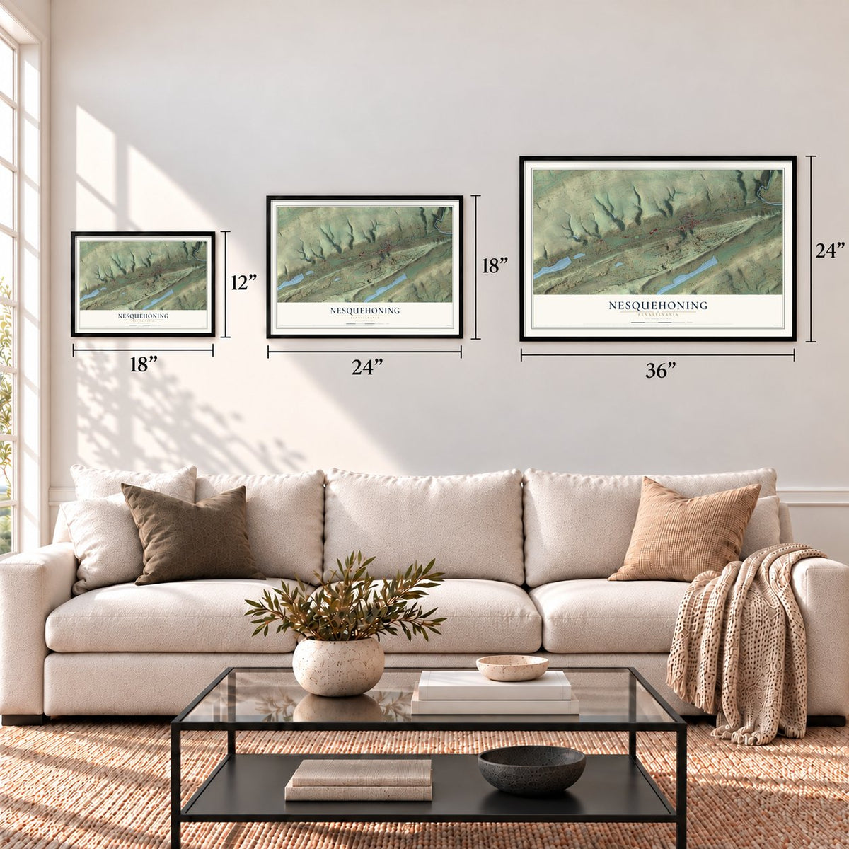 Nesquehoning, Pennsylvania map in 12 x 18, 18 x 24 and 24 x 36 inch sizes above a sofa