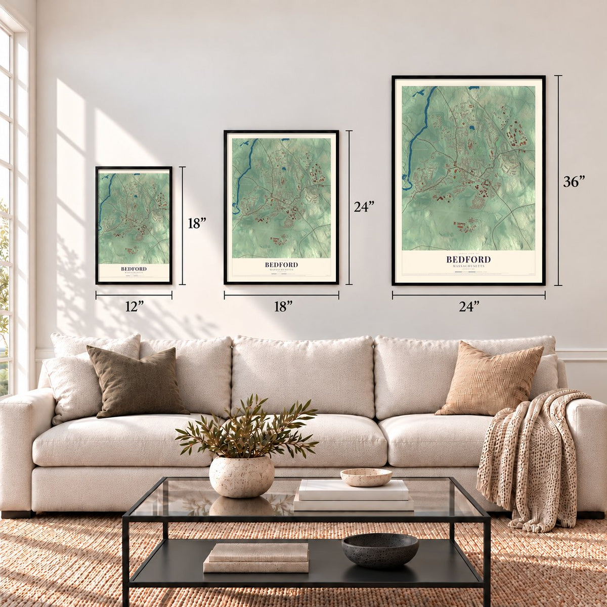 Bedford, Massachusetts map in 12 x 18, 18 x 24 and 24 x 36 inch sizes above a sofa