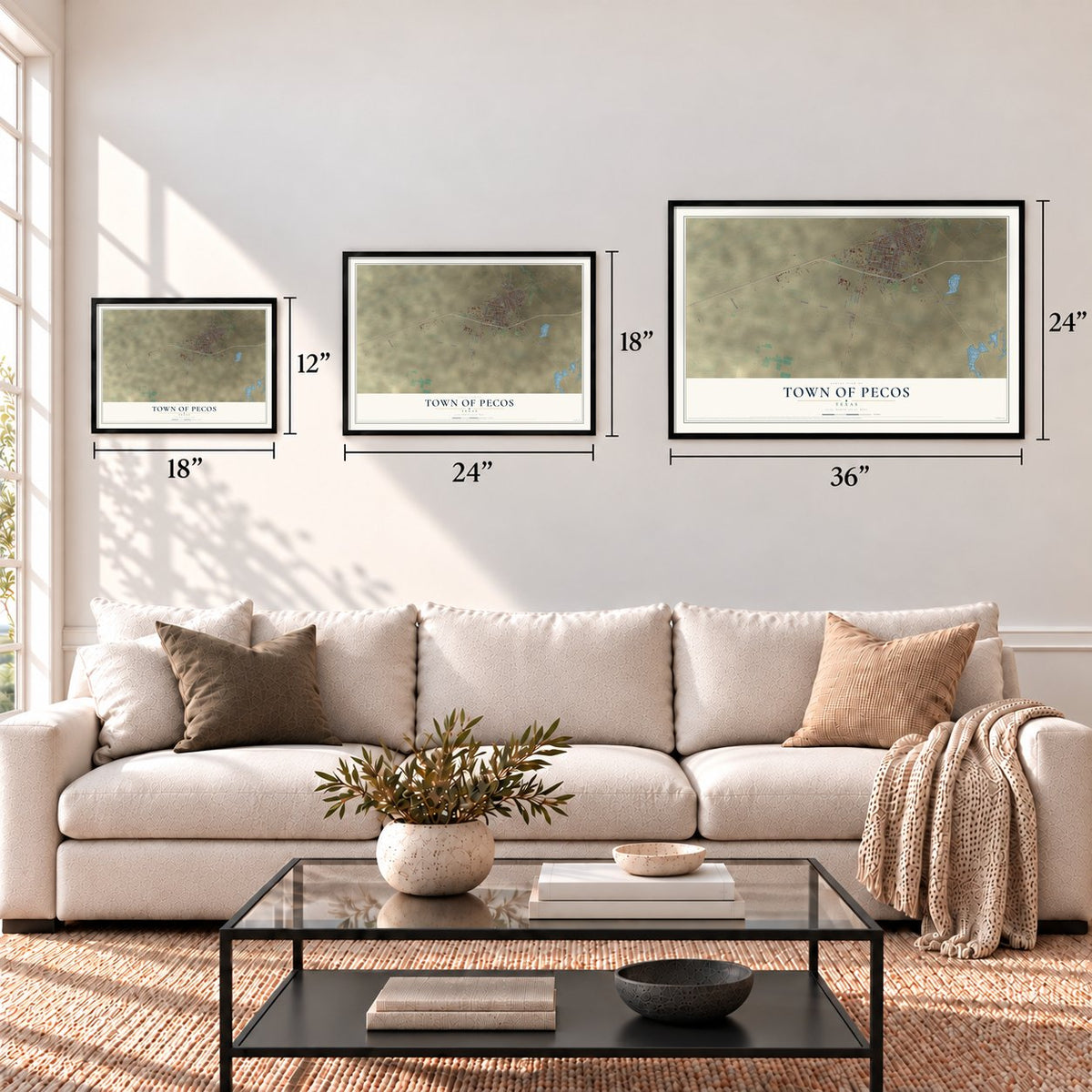 Town of Pecos, Texas map in 12 x 18, 18 x 24 and 24 x 36 inch sizes above a sofa