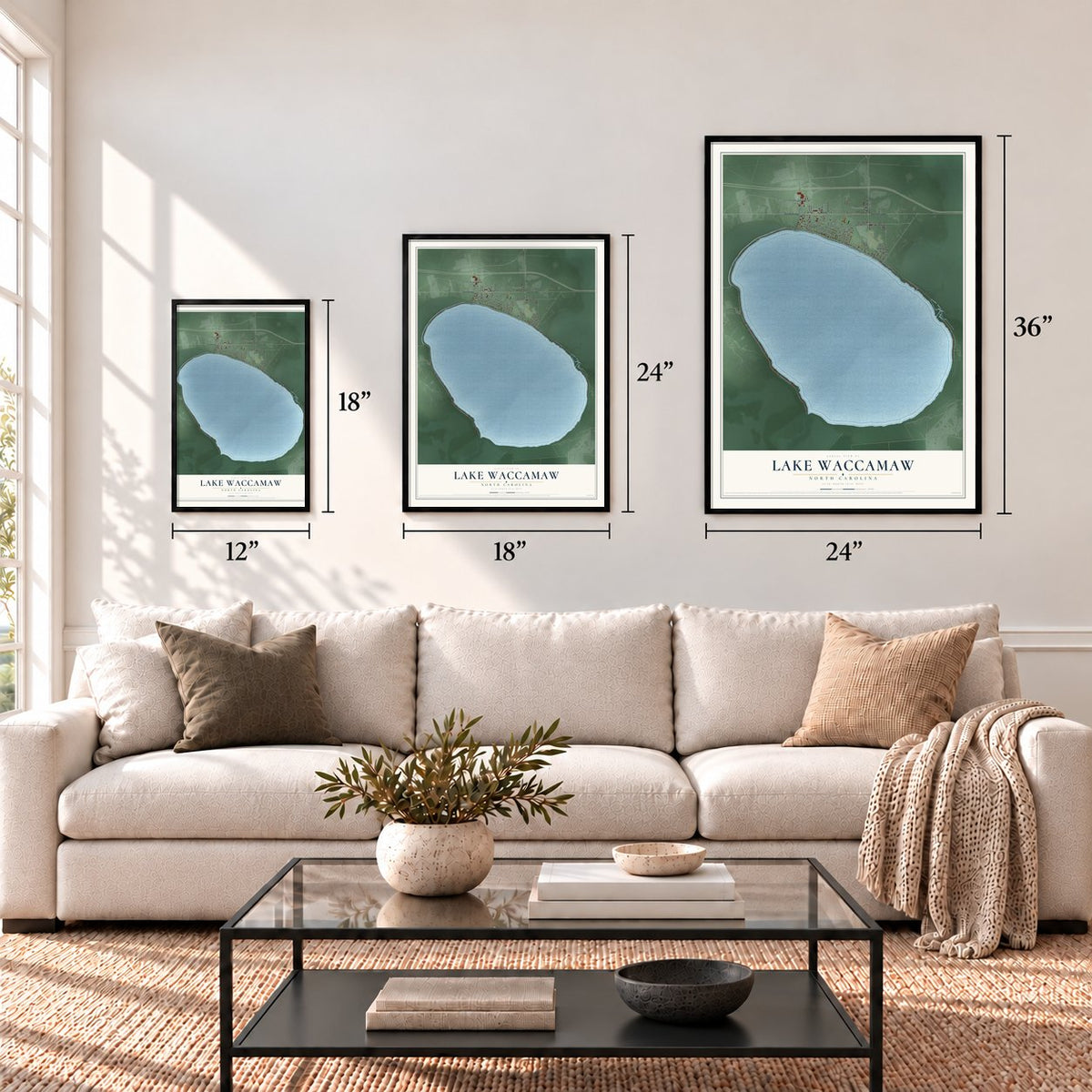 Lake Waccamaw, North Carolina map in 12 x 18, 18 x 24 and 24 x 36 inch sizes above a sofa