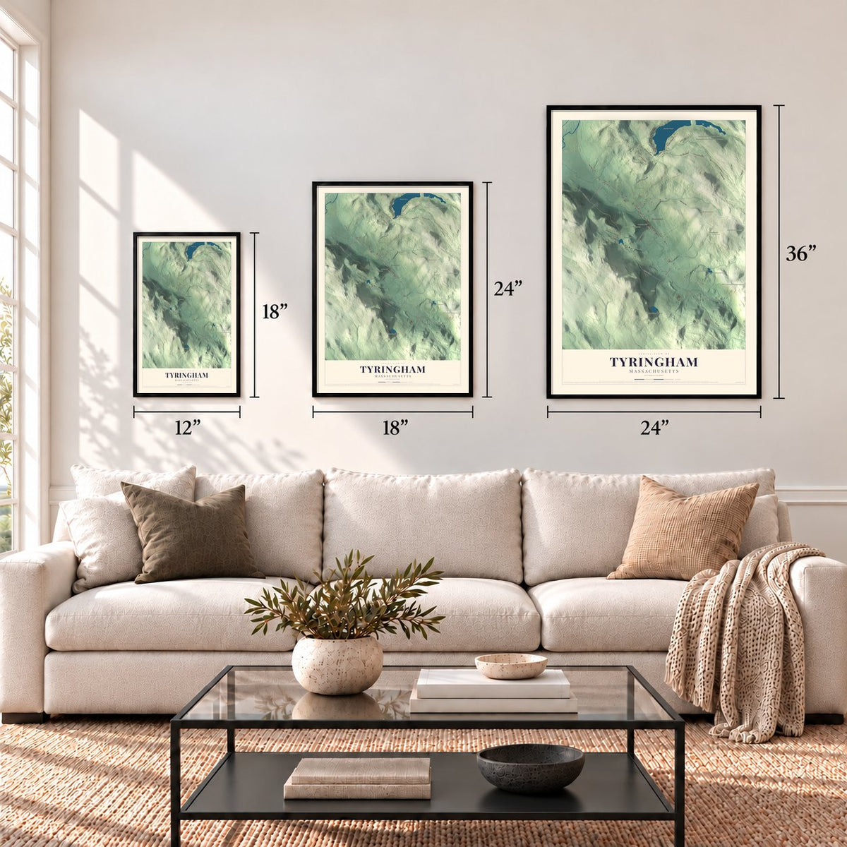 Tyringham, Massachusetts map in 12 x 18, 18 x 24 and 24 x 36 inch sizes above a sofa