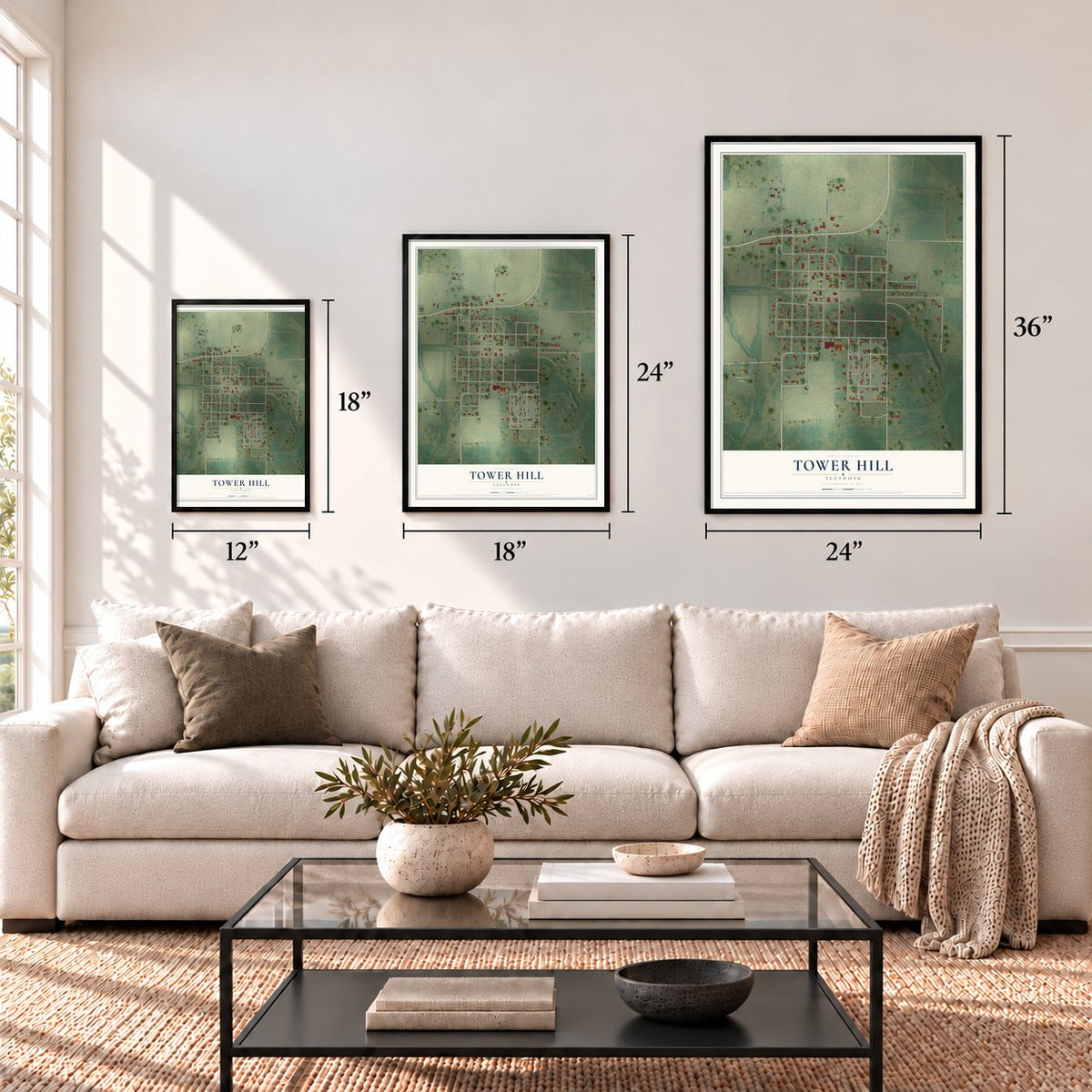Tower Hill, Illinois map in 12 x 18, 18 x 24 and 24 x 36 inch sizes above a sofa