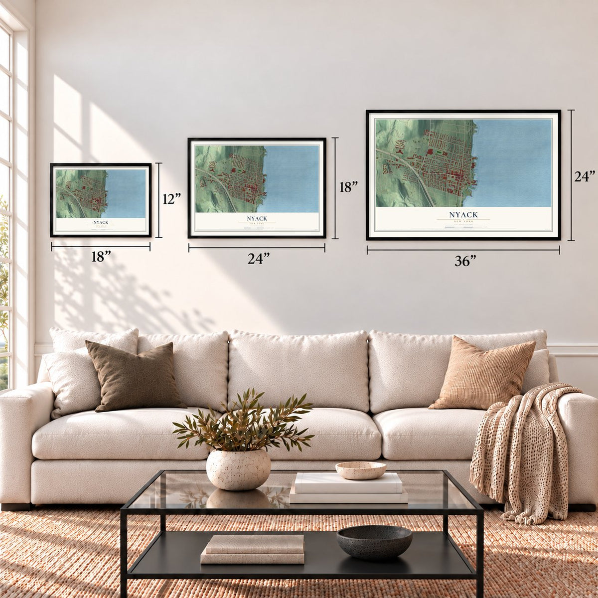 Nyack, New York map in 12 x 18, 18 x 24 and 24 x 36 inch sizes above a sofa