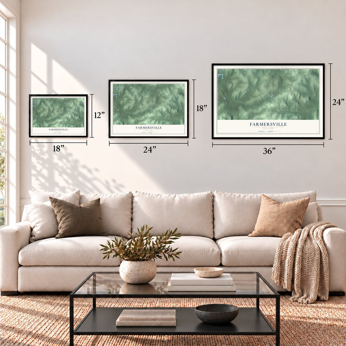 Farmersville, New York map in 12 x 18, 18 x 24 and 24 x 36 inch sizes above a sofa
