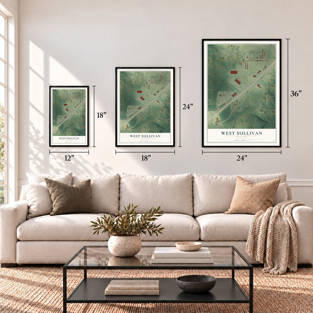 West Sullivan, Missouri map in 12 x 18, 18 x 24 and 24 x 36 inch sizes above a sofa