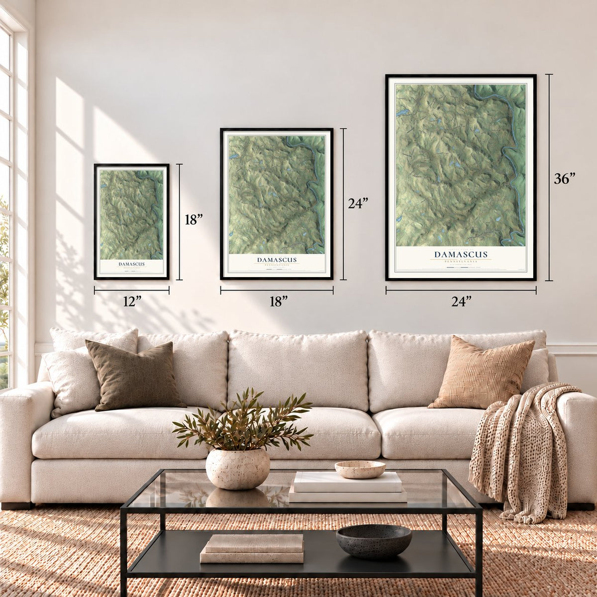 Damascus, Pennsylvania map in 12 x 18, 18 x 24 and 24 x 36 inch sizes above a sofa