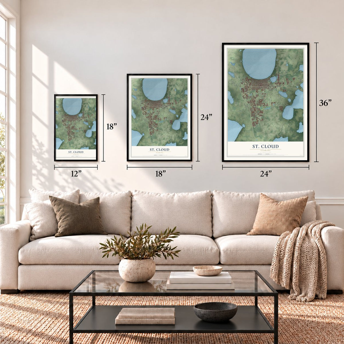 St. Cloud, Florida map in 12 x 18, 18 x 24 and 24 x 36 inch sizes above a sofa