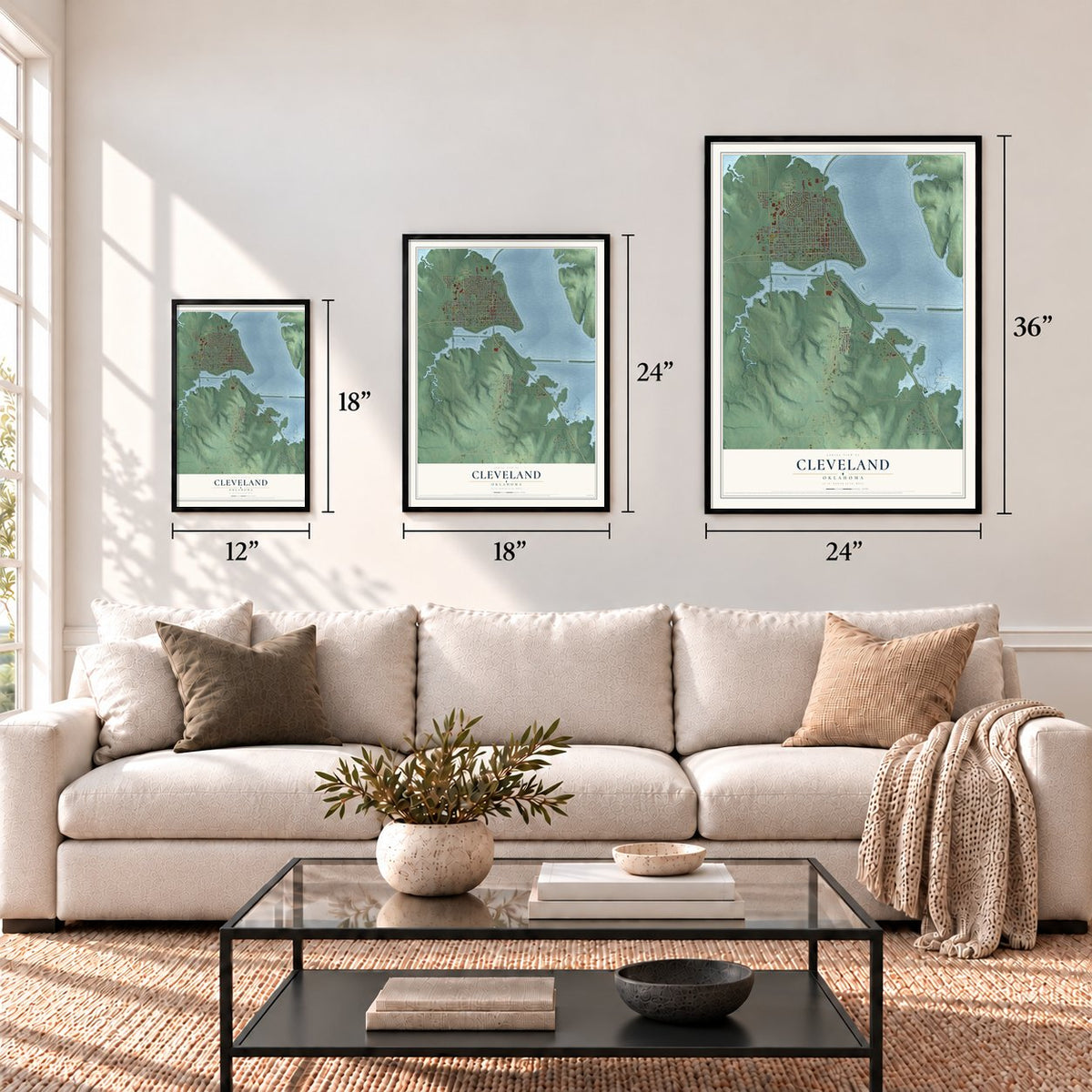 Cleveland, Oklahoma map in 12 x 18, 18 x 24 and 24 x 36 inch sizes above a sofa