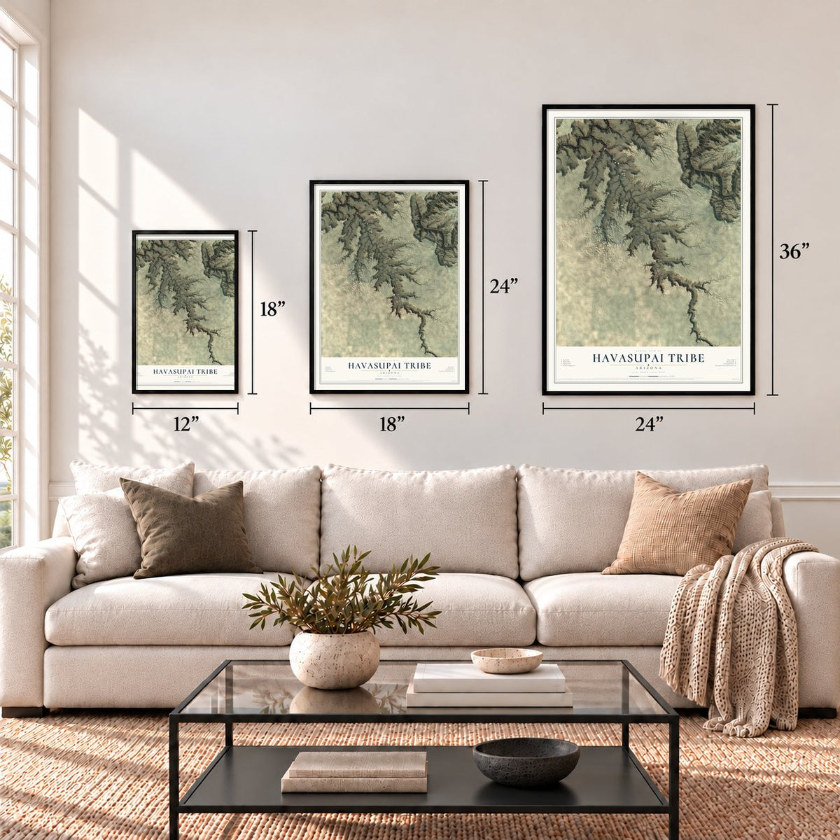 Havasupai Tribe, Arizona map in 12 x 18, 18 x 24 and 24 x 36 inch sizes above a sofa