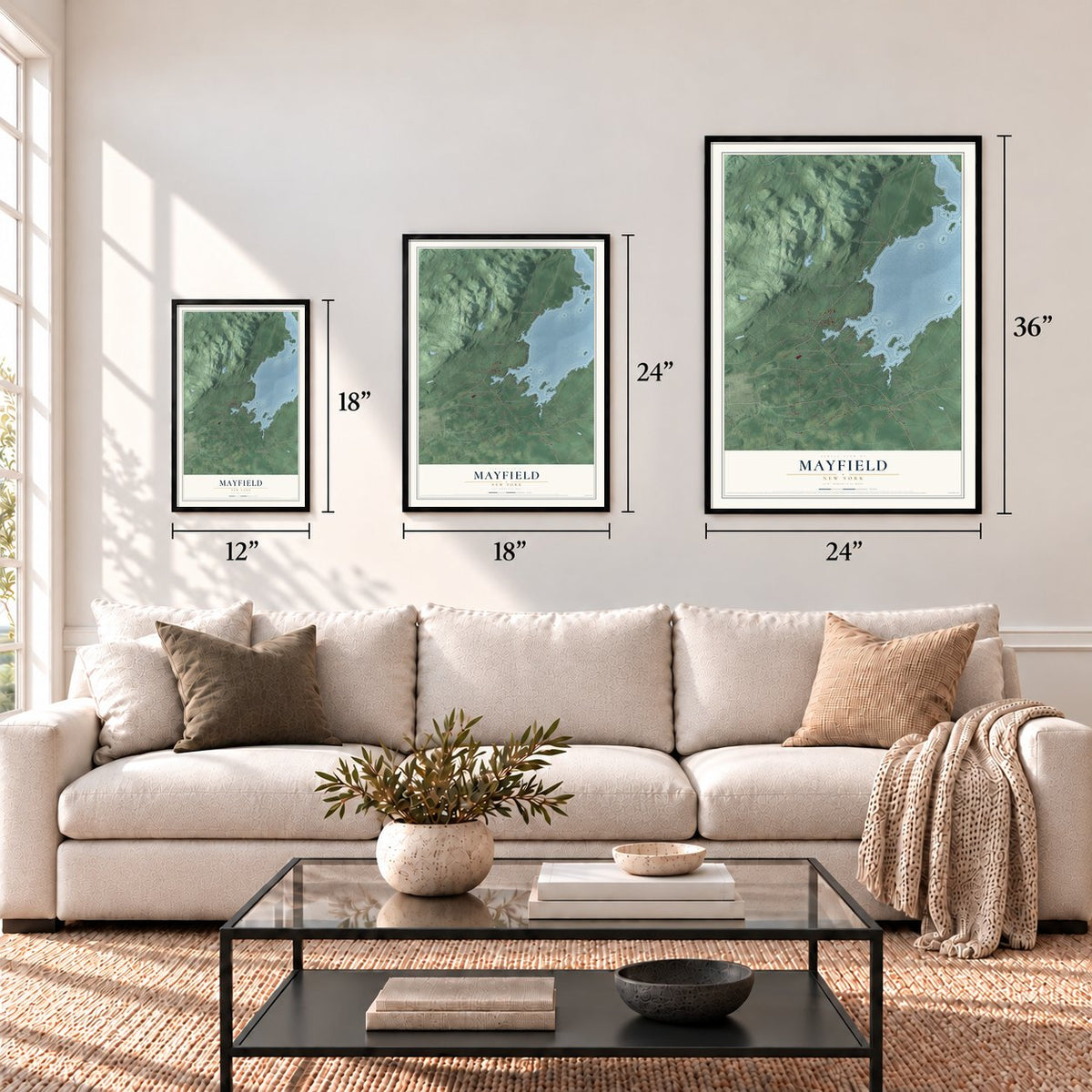 Mayfield, New York map in 12 x 18, 18 x 24 and 24 x 36 inch sizes above a sofa