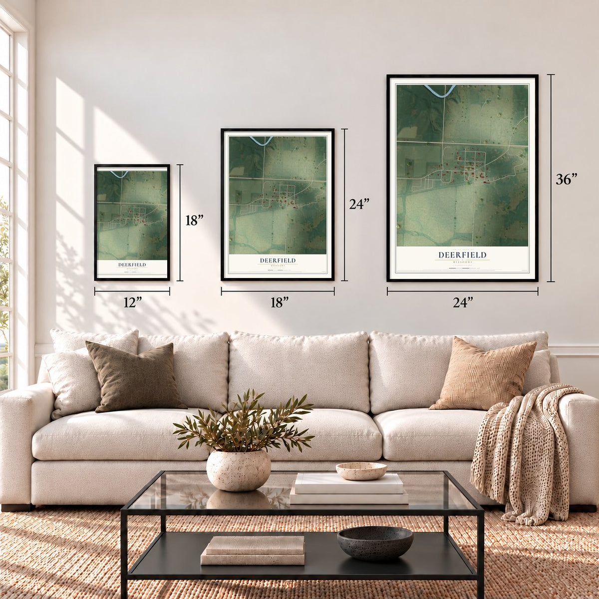 Deerfield, Missouri map in 12 x 18, 18 x 24 and 24 x 36 inch sizes above a sofa