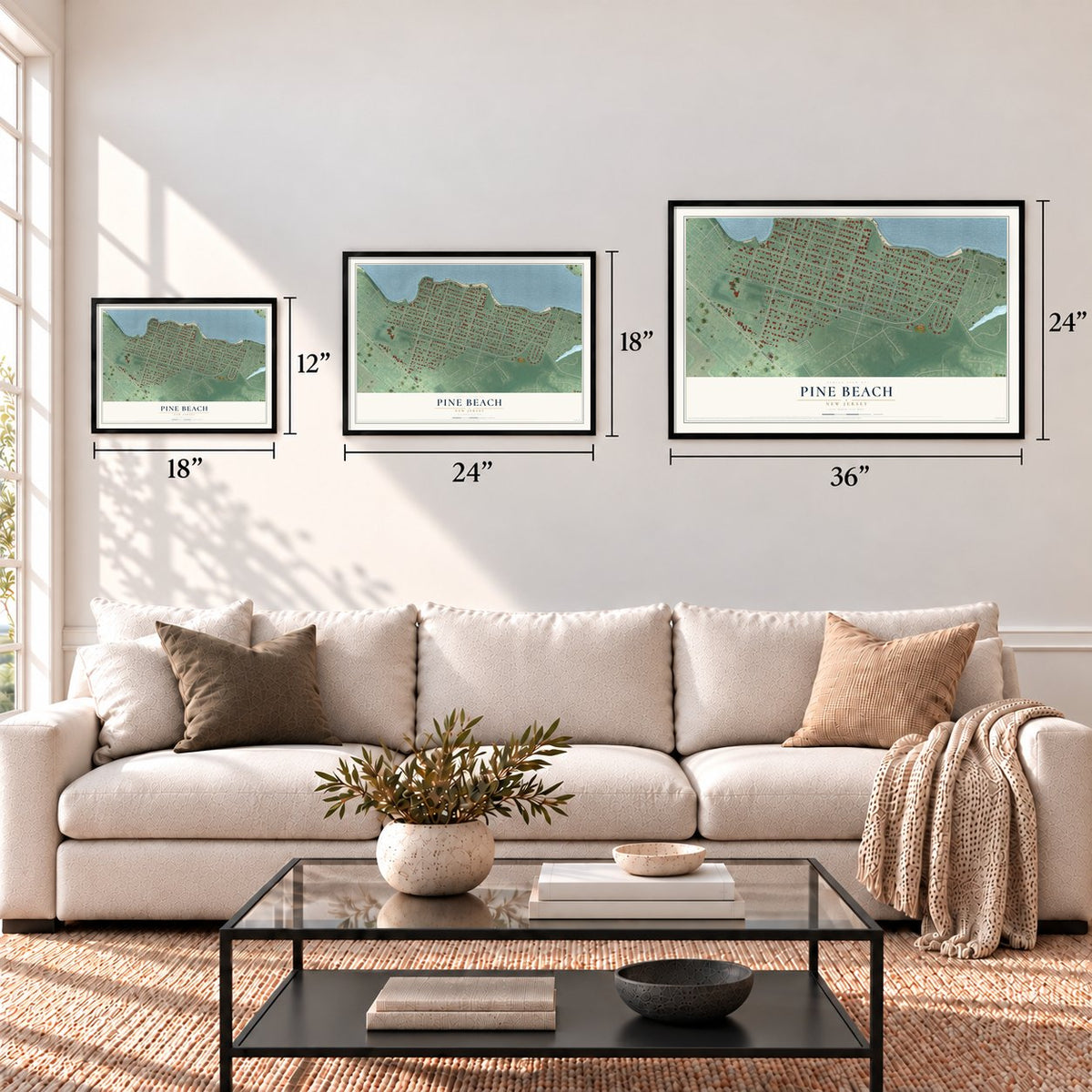 Pine Beach, New Jersey map in 12 x 18, 18 x 24 and 24 x 36 inch sizes above a sofa