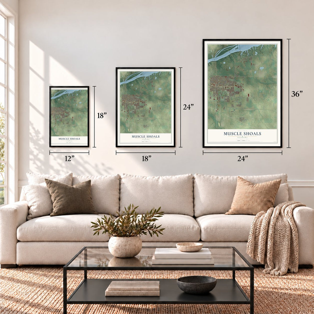 Muscle Shoals, Alabama map in 12 x 18, 18 x 24 and 24 x 36 inch sizes above a sofa