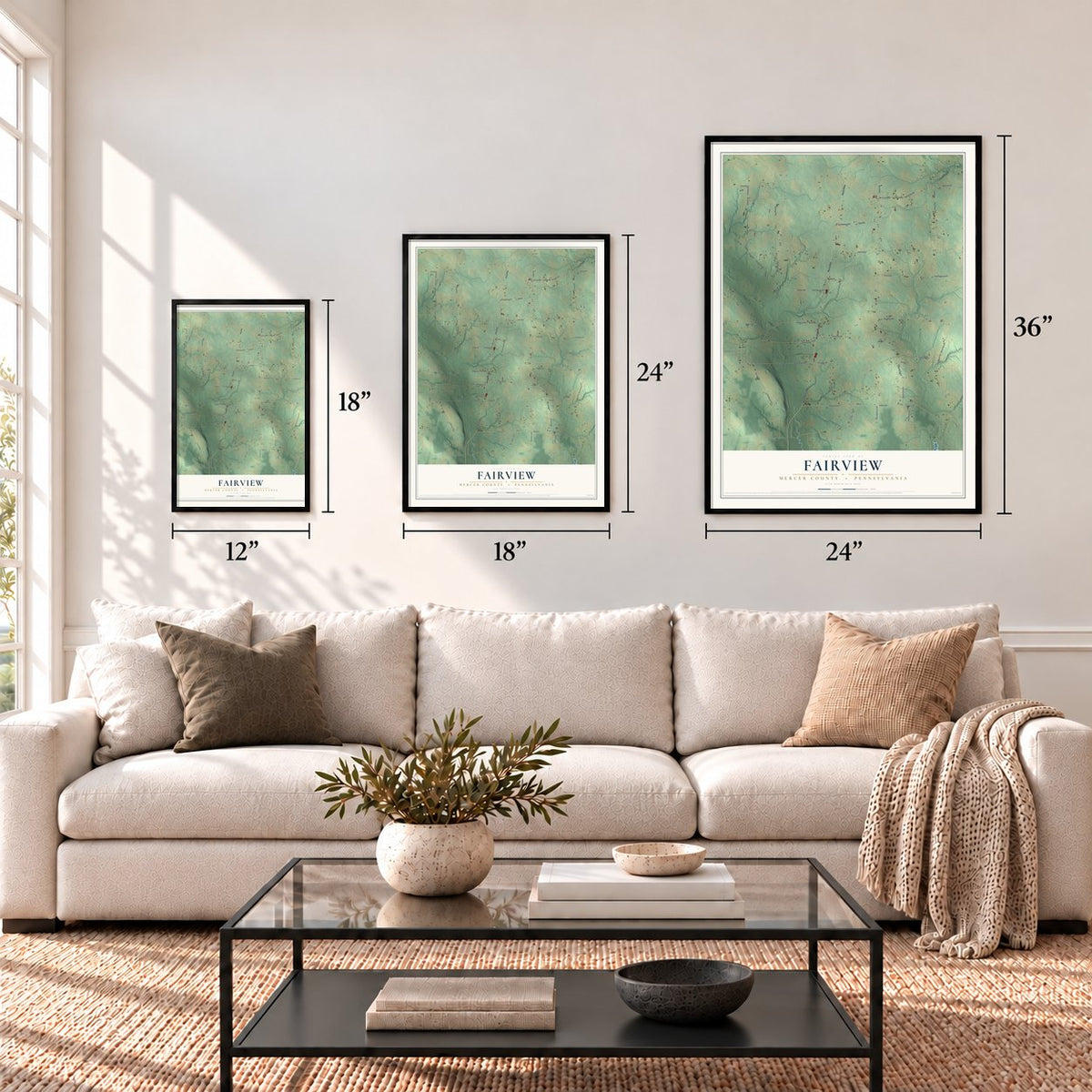 Fairview, Mercer County, Pennsylvania map in 12 x 18, 18 x 24 and 24 x 36 inch sizes above a sofa