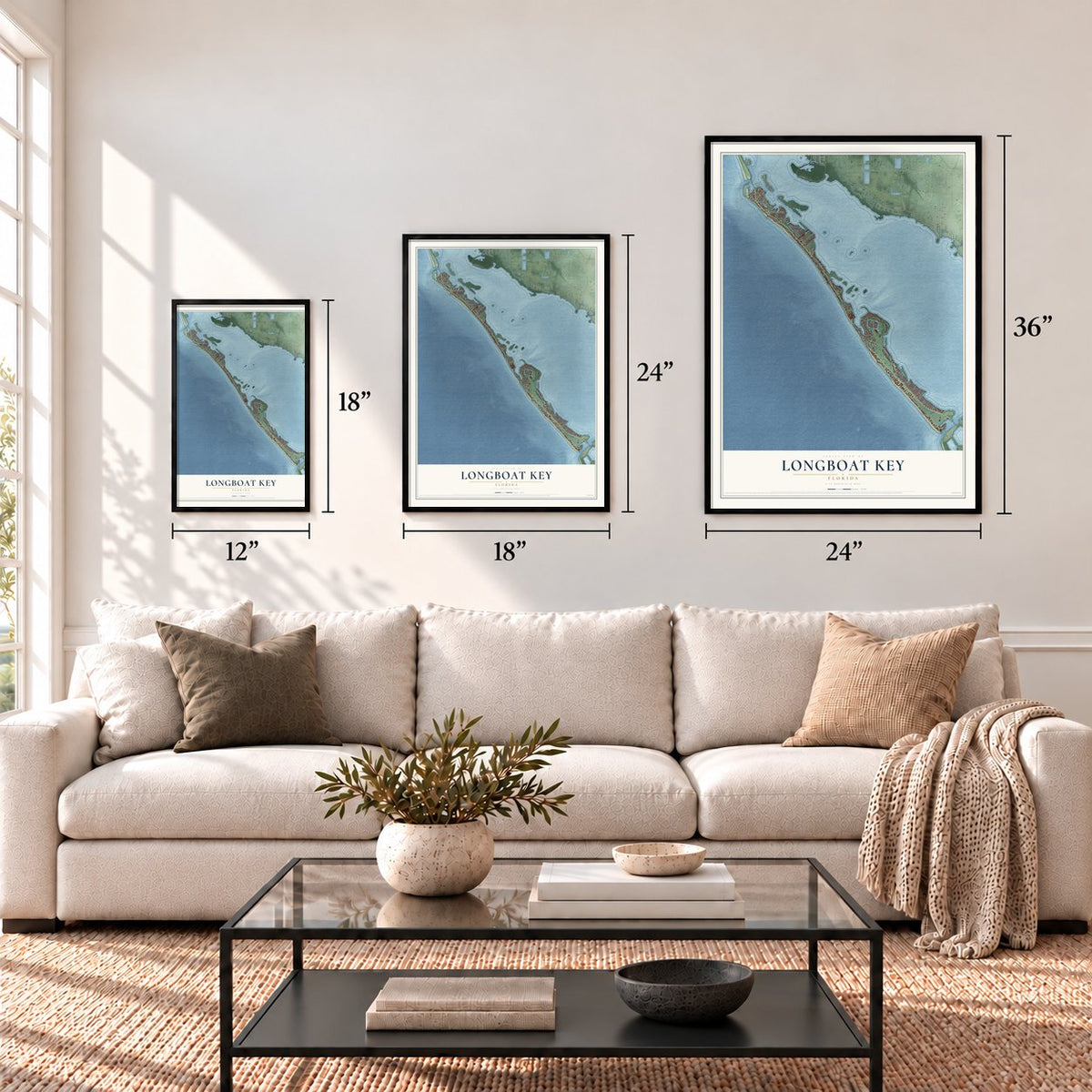 Longboat Key, Florida map in 12 x 18, 18 x 24 and 24 x 36 inch sizes above a sofa