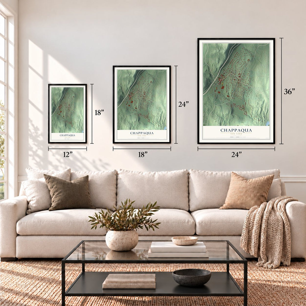 Chappaqua, New York map in 12 x 18, 18 x 24 and 24 x 36 inch sizes above a sofa