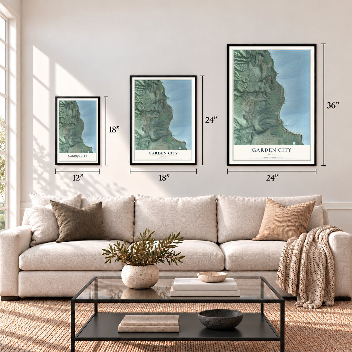 Garden City, Utah map in 12 x 18, 18 x 24 and 24 x 36 inch sizes above a sofa