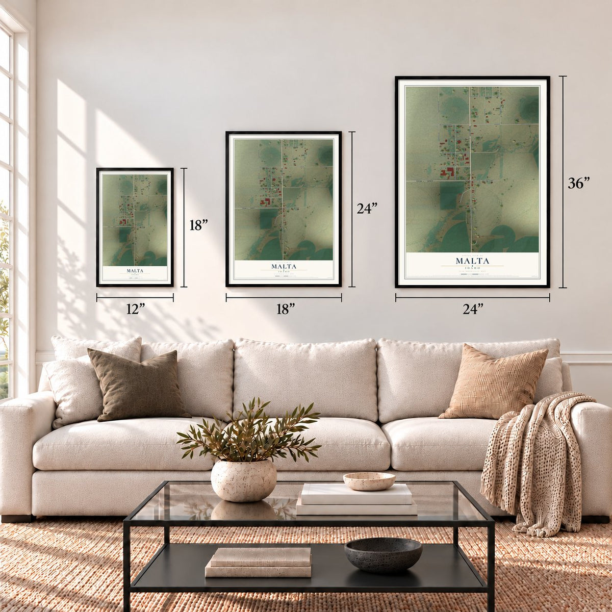 Malta, Idaho map in 12 x 18, 18 x 24 and 24 x 36 inch sizes above a sofa