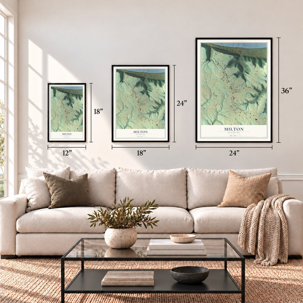 Milton, Kentucky map in 12 x 18, 18 x 24 and 24 x 36 inch sizes above a sofa