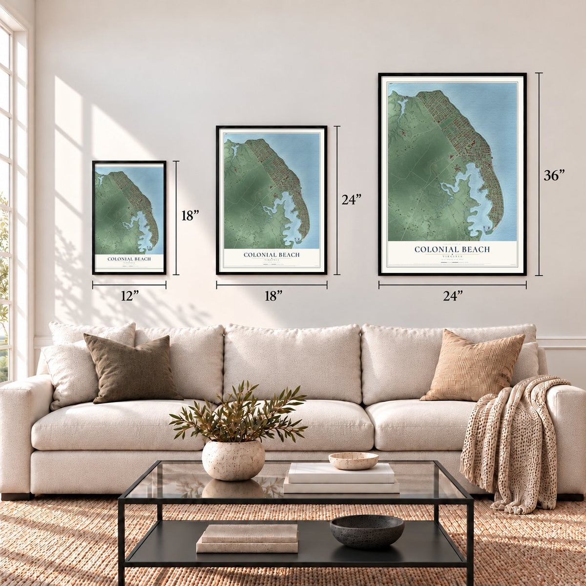 Colonial Beach, Virginia map in 12 x 18, 18 x 24 and 24 x 36 inch sizes above a sofa