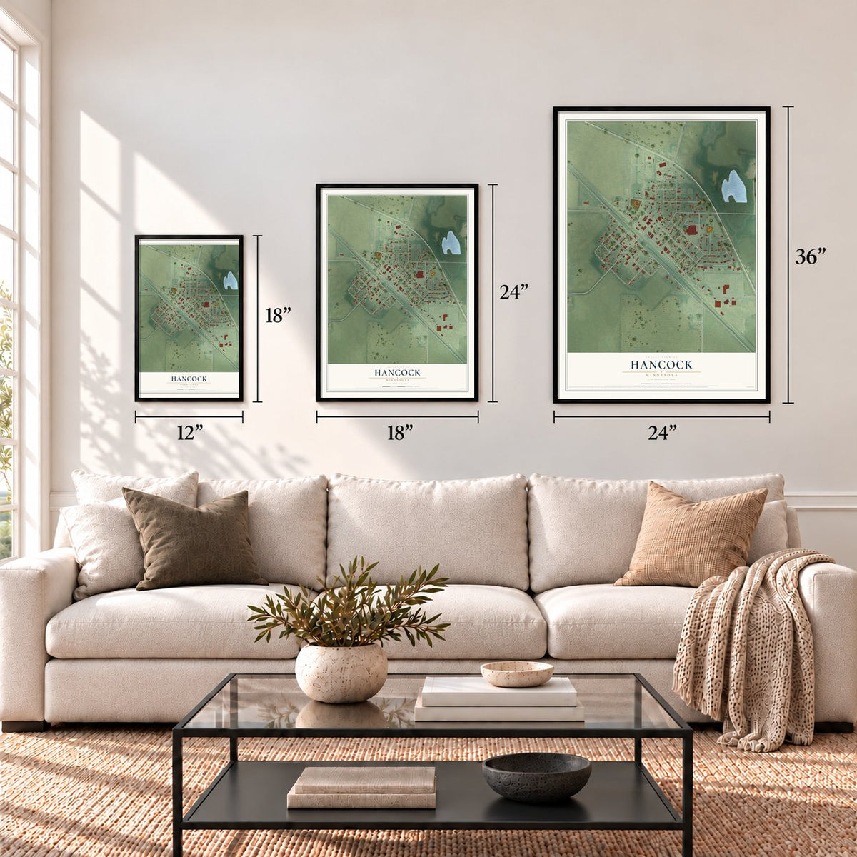 Hancock, Minnesota map in 12 x 18, 18 x 24 and 24 x 36 inch sizes above a sofa