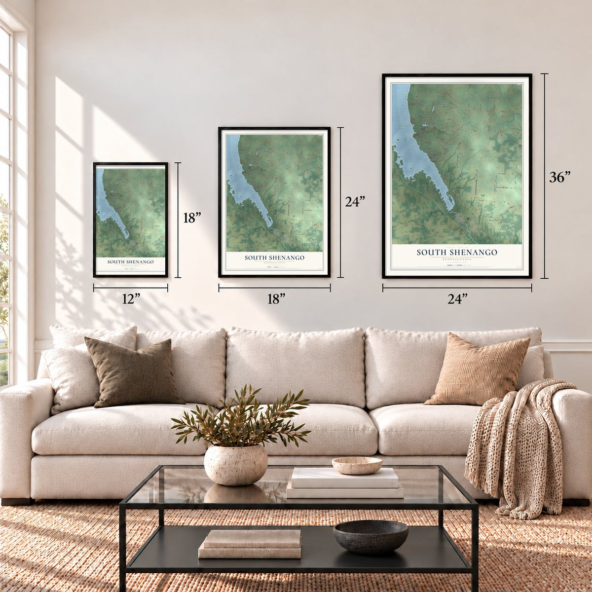 South Shenango, Pennsylvania map in 12 x 18, 18 x 24 and 24 x 36 inch sizes above a sofa