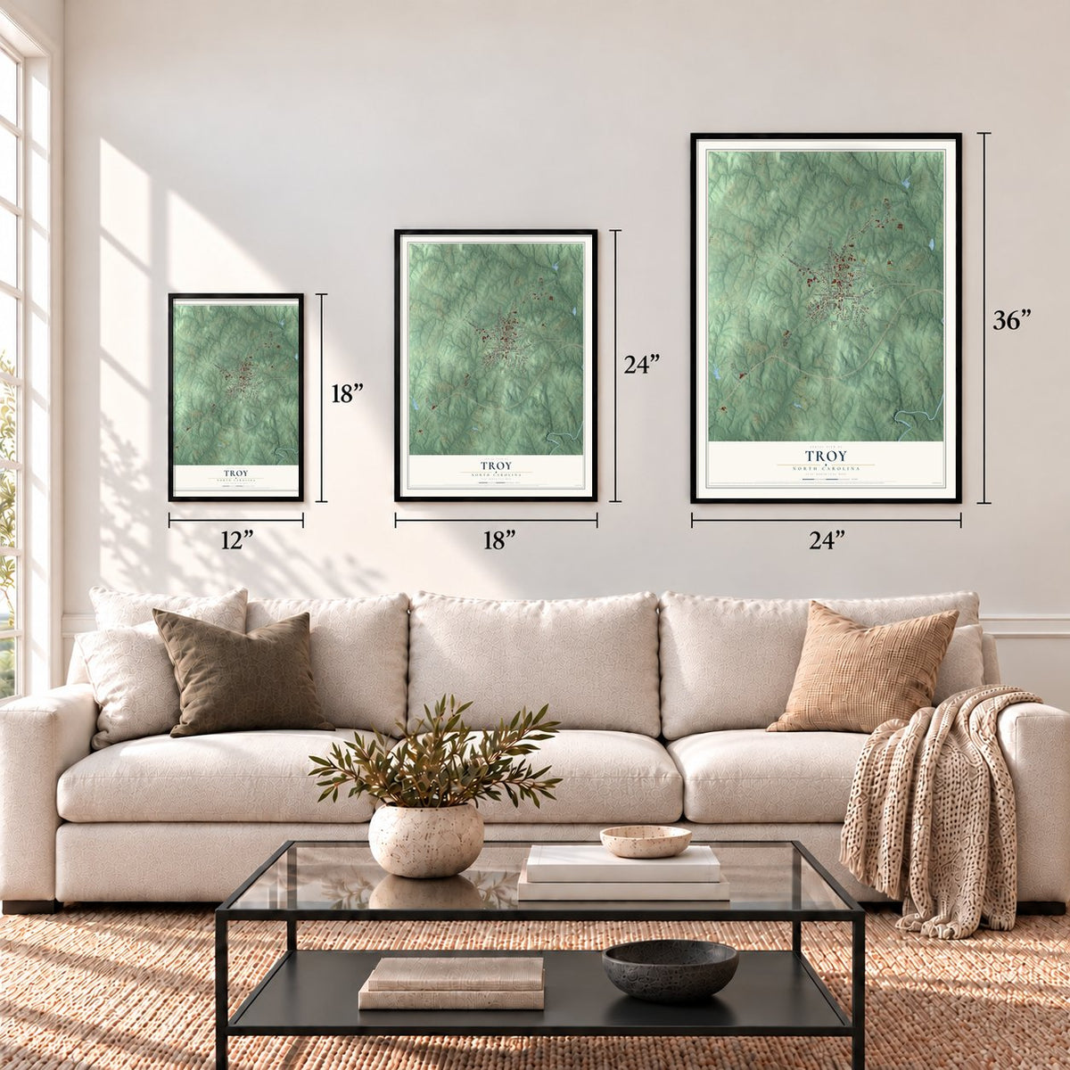 Troy, North Carolina map in 12 x 18, 18 x 24 and 24 x 36 inch sizes above a sofa