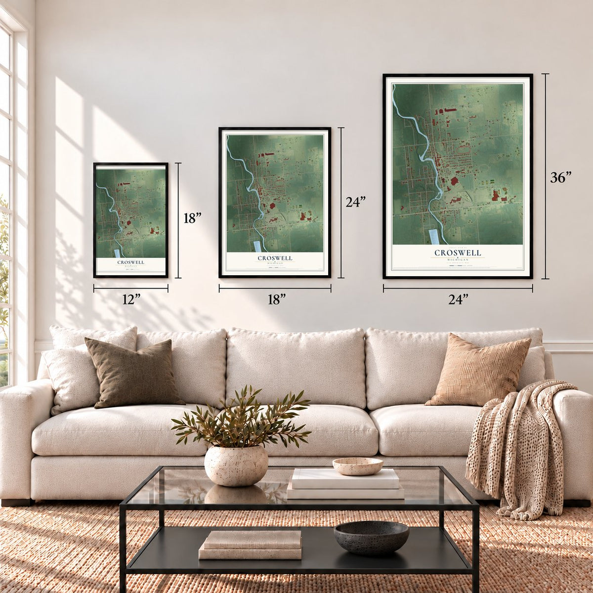 Croswell, Michigan map in 12 x 18, 18 x 24 and 24 x 36 inch sizes above a sofa