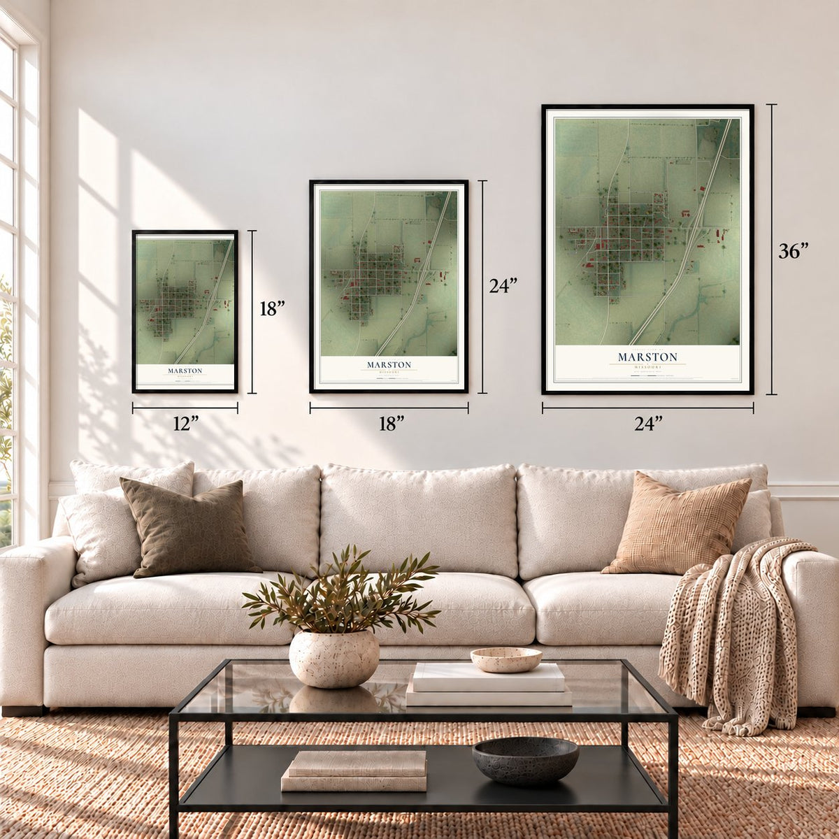 Marston, Missouri map in 12 x 18, 18 x 24 and 24 x 36 inch sizes above a sofa