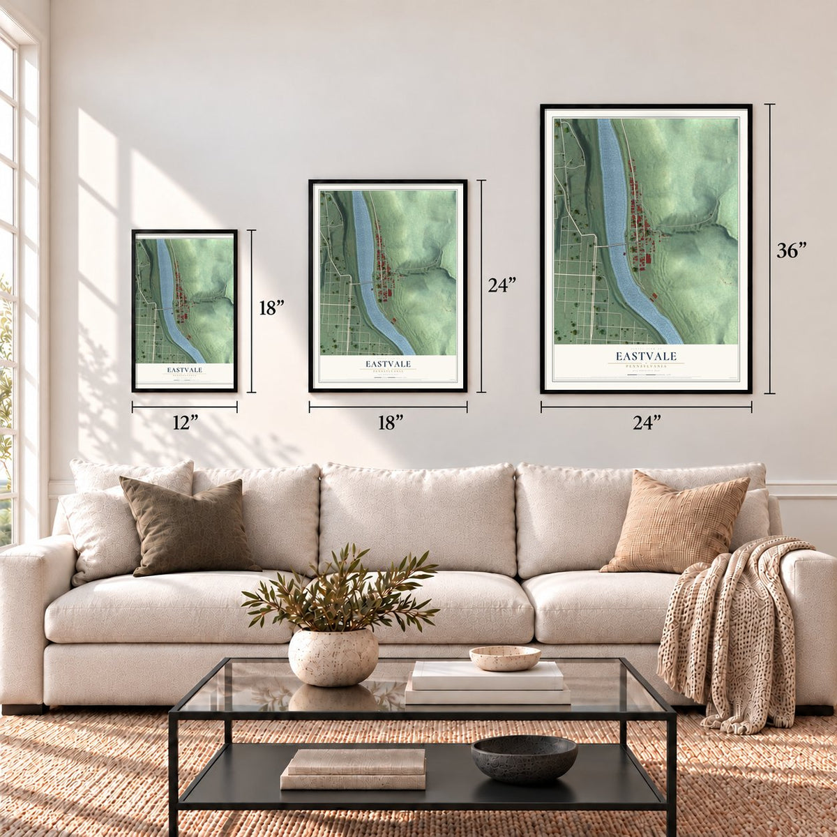 Eastvale, Pennsylvania map in 12 x 18, 18 x 24 and 24 x 36 inch sizes above a sofa