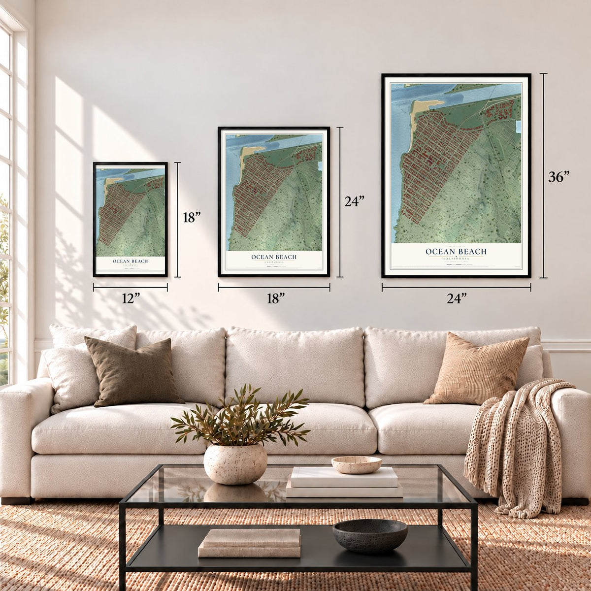Ocean Beach, California map in 12 x 18, 18 x 24 and 24 x 36 inch sizes above a sofa