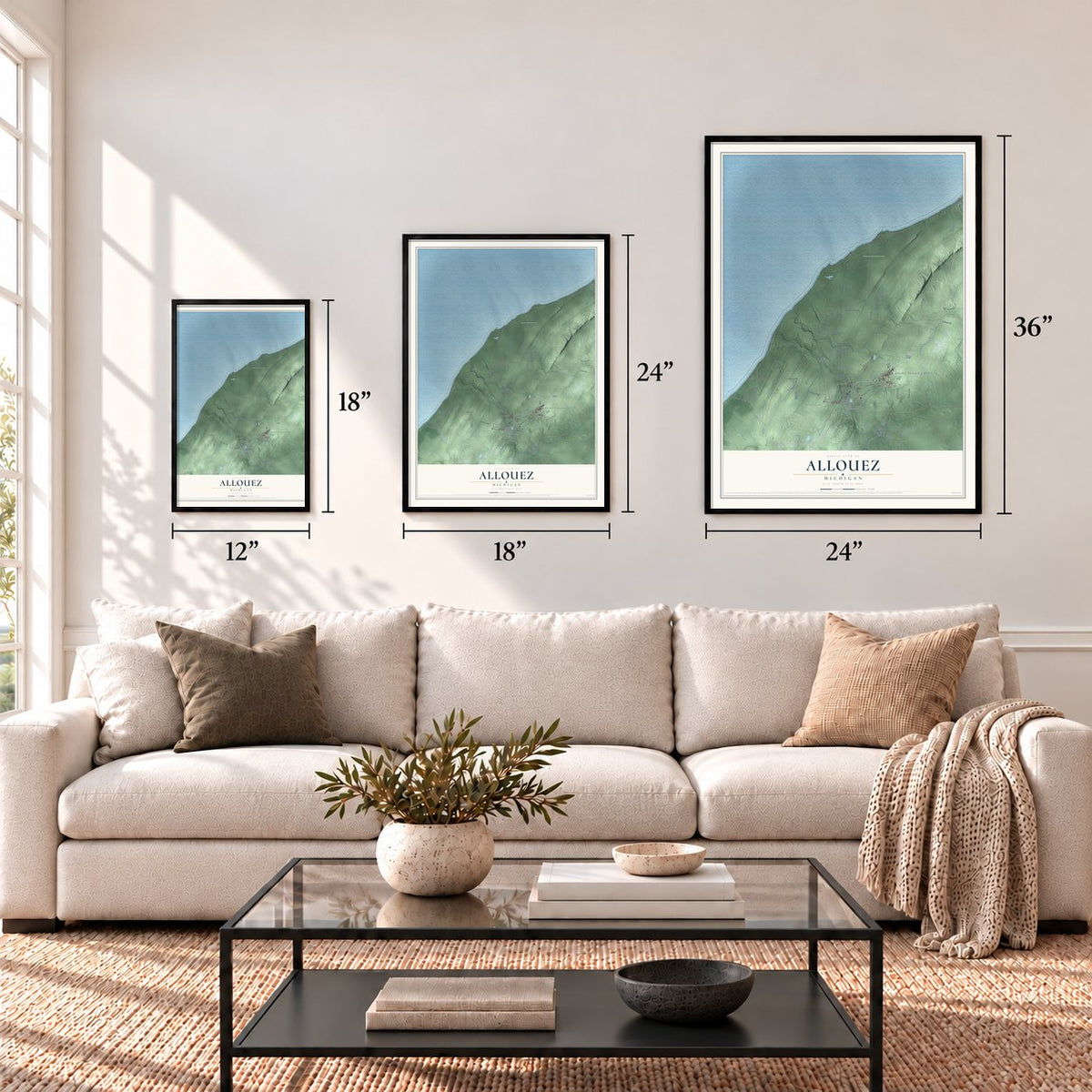Allouez, Michigan map in 12 x 18, 18 x 24 and 24 x 36 inch sizes above a sofa