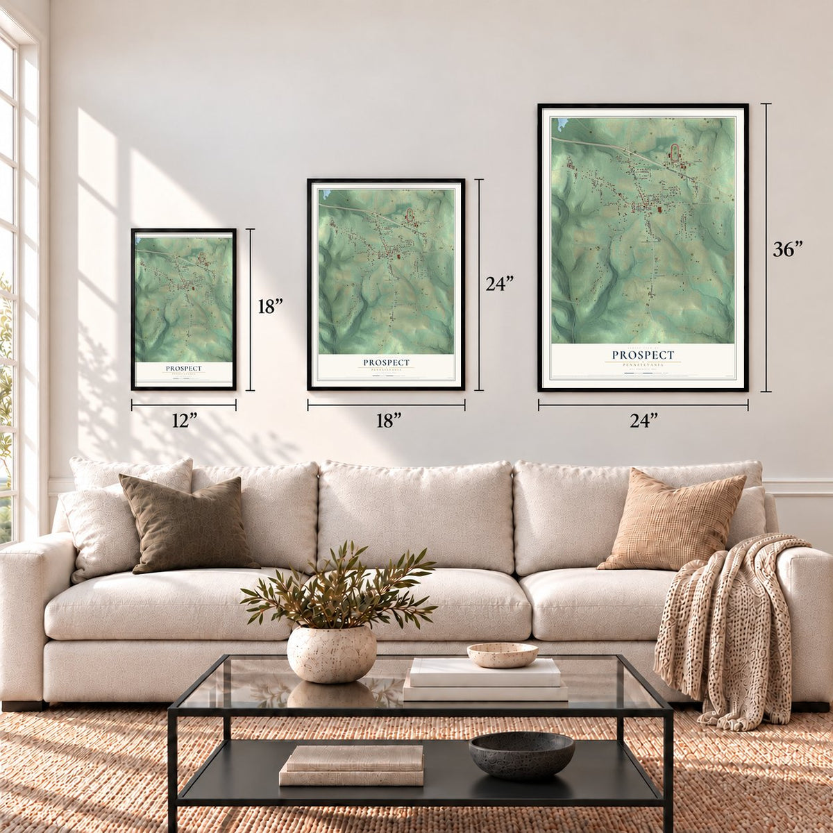 Prospect, Pennsylvania map in 12 x 18, 18 x 24 and 24 x 36 inch sizes above a sofa