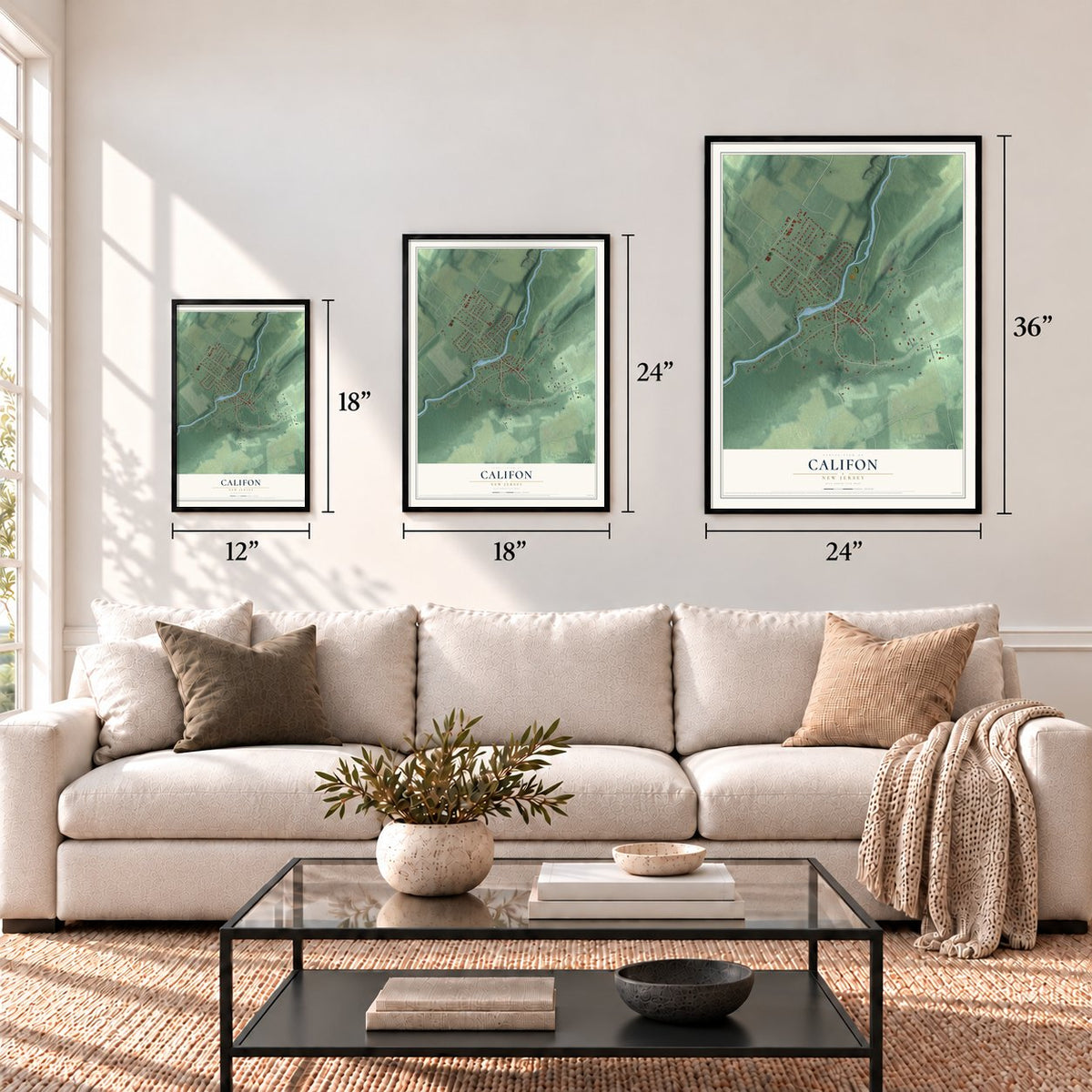 Califon, New Jersey map in 12 x 18, 18 x 24 and 24 x 36 inch sizes above a sofa