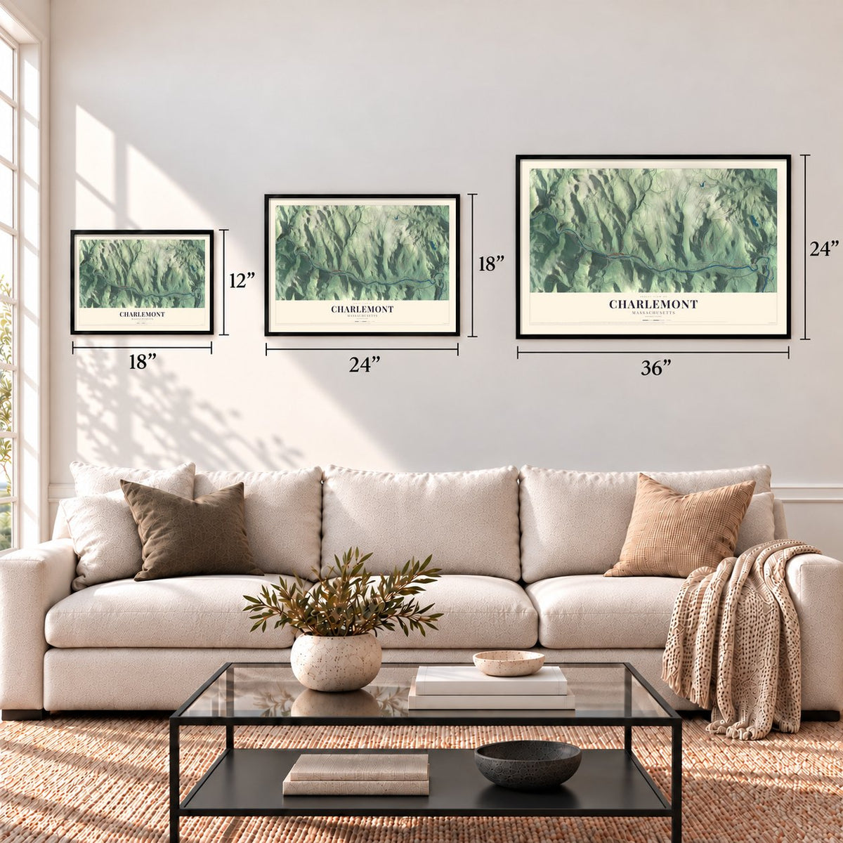 Charlemont, Massachusetts map in 12 x 18, 18 x 24 and 24 x 36 inch sizes above a sofa