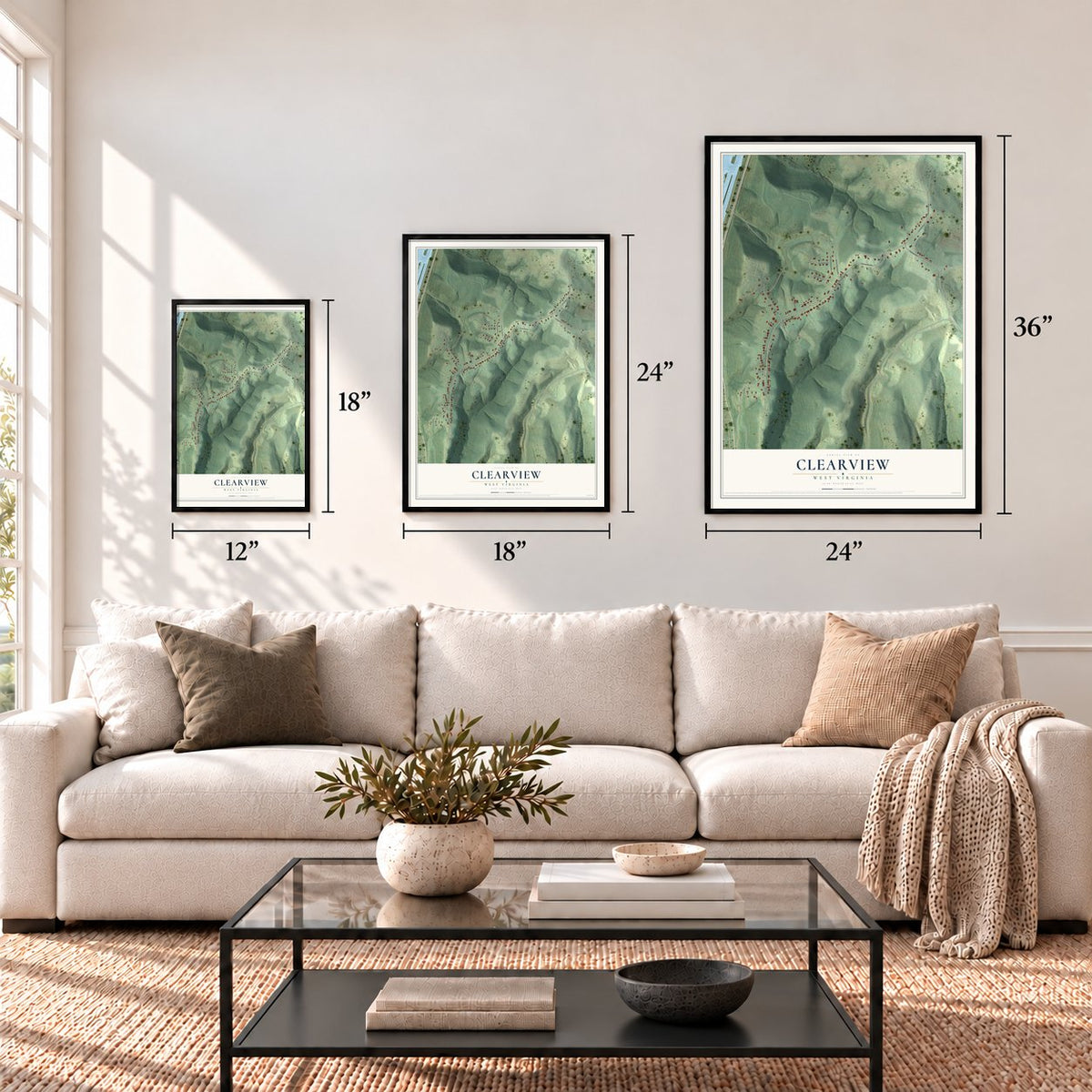 Clearview, West Virginia map in 12 x 18, 18 x 24 and 24 x 36 inch sizes above a sofa