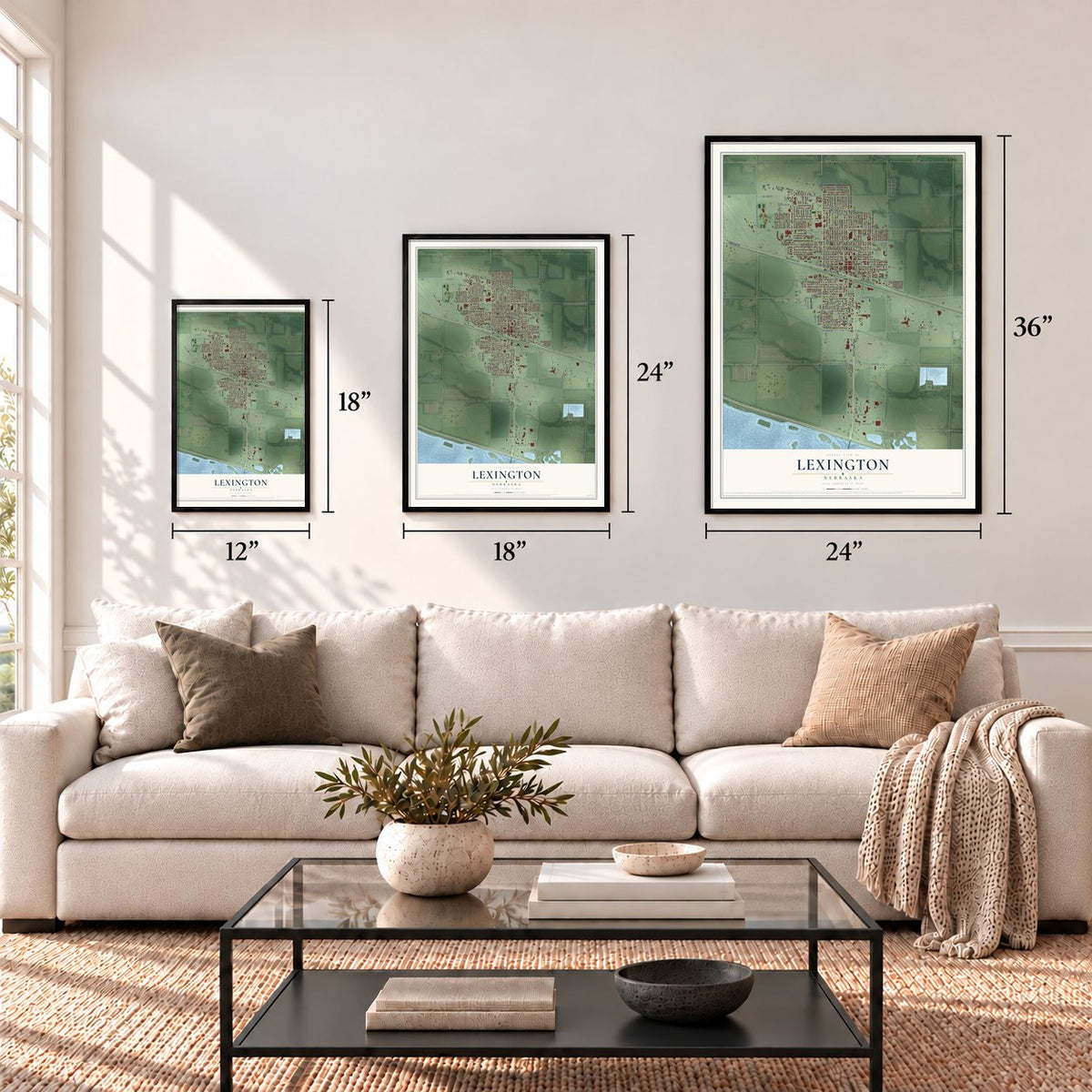 Lexington, Nebraska map in 12 x 18, 18 x 24 and 24 x 36 inch sizes above a sofa
