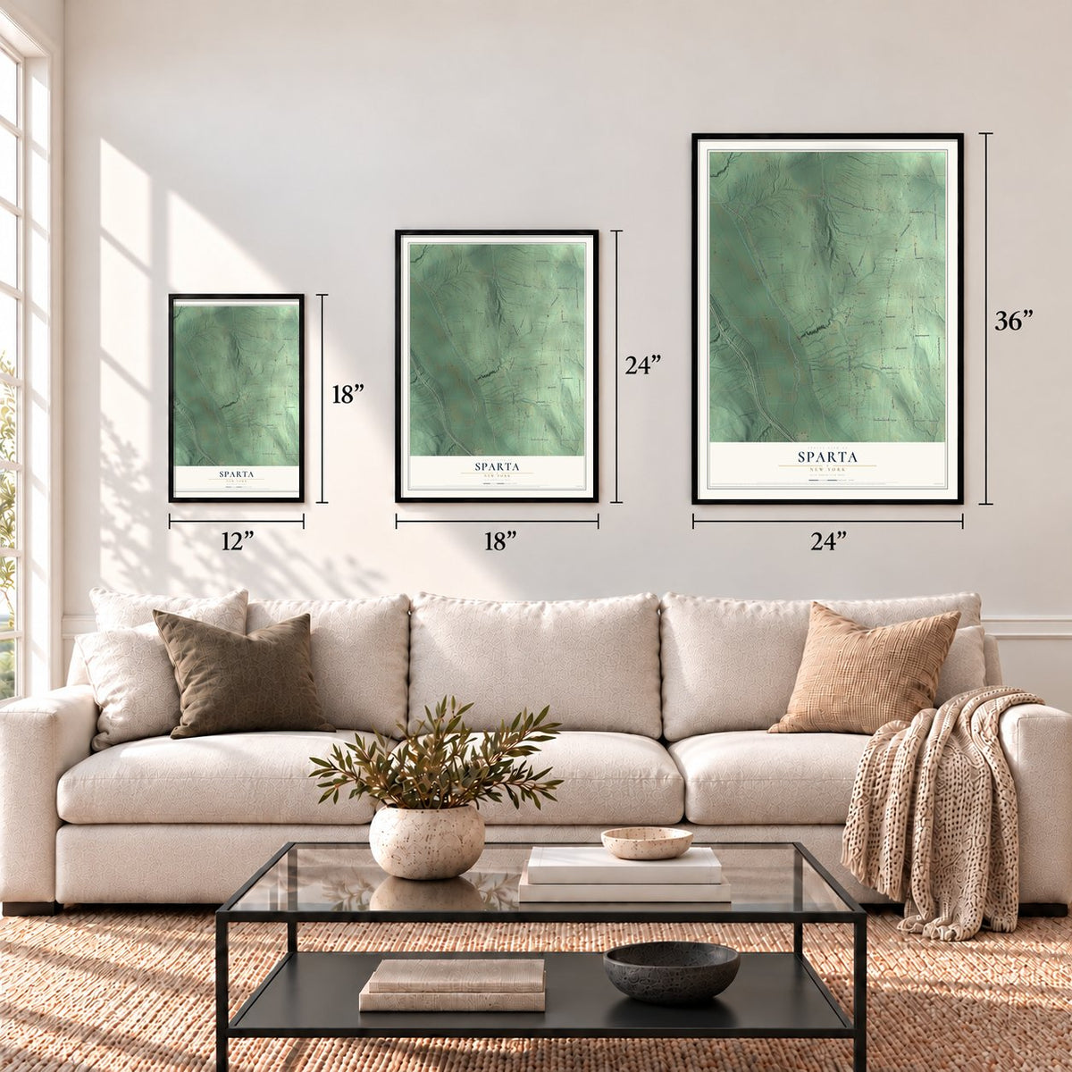 Sparta, New York map in 12 x 18, 18 x 24 and 24 x 36 inch sizes above a sofa