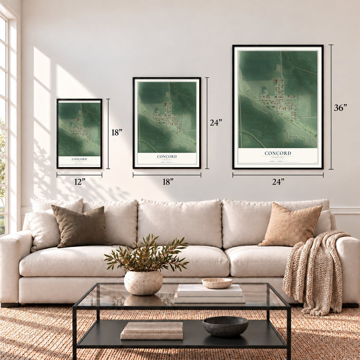 Concord, Nebraska map in 12 x 18, 18 x 24 and 24 x 36 inch sizes above a sofa
