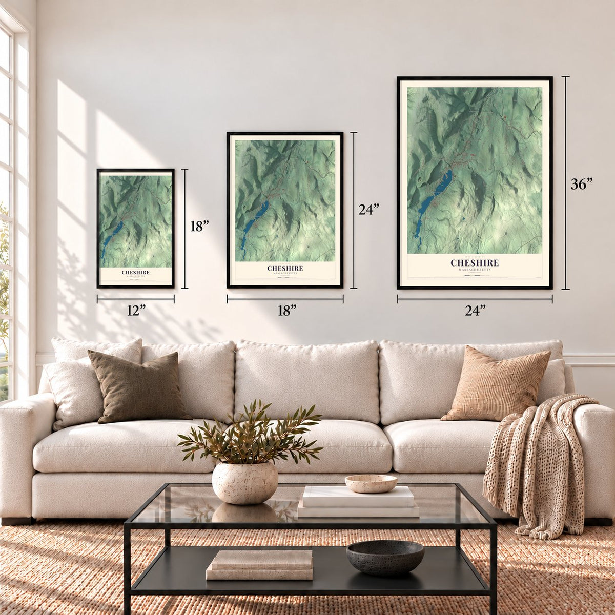 Cheshire, Massachusetts map in 12 x 18, 18 x 24 and 24 x 36 inch sizes above a sofa