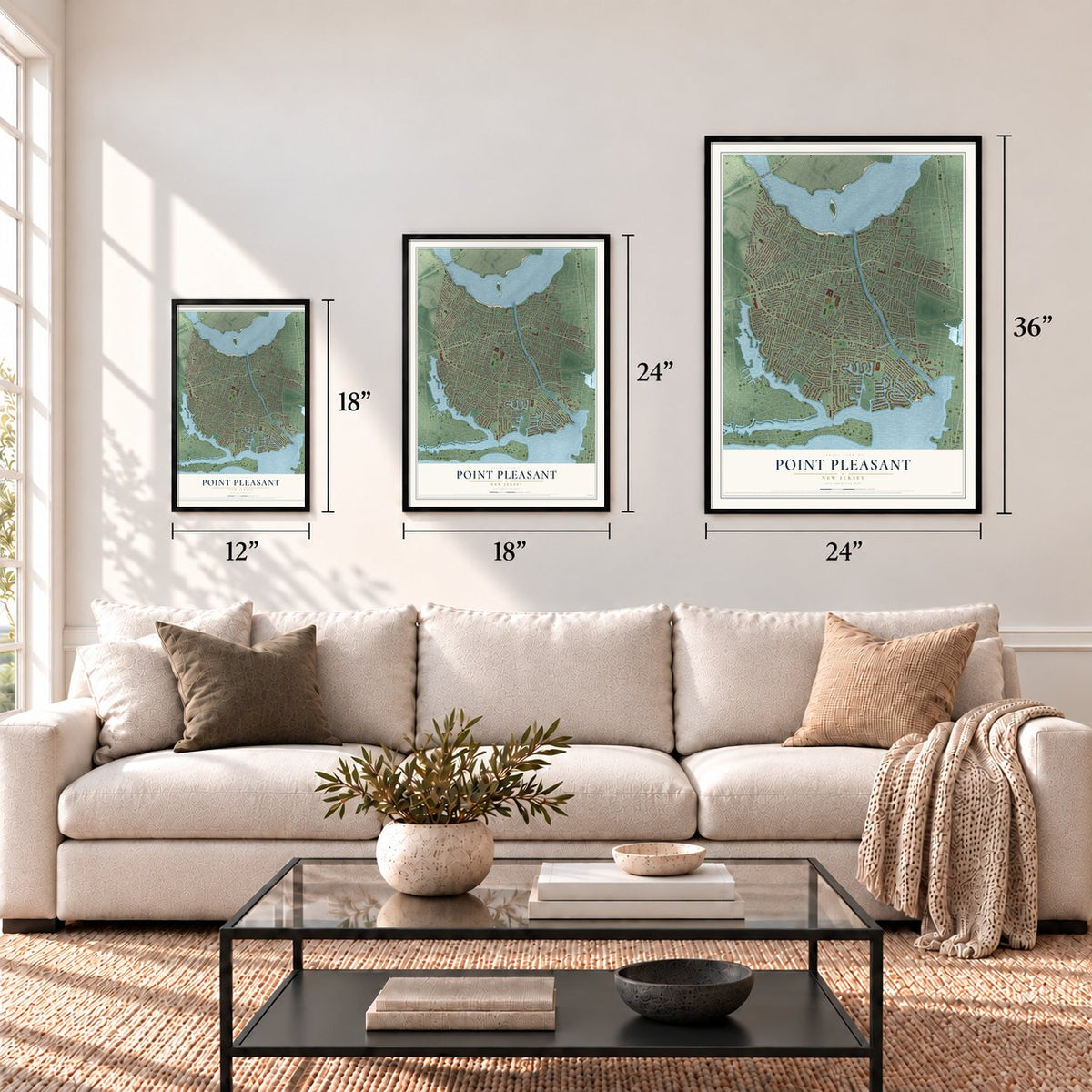 Point Pleasant, New Jersey map in 12 x 18, 18 x 24 and 24 x 36 inch sizes above a sofa