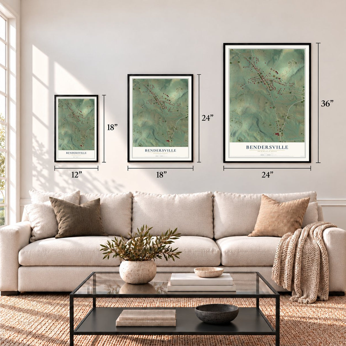 Bendersville, Pennsylvania map in 12 x 18, 18 x 24 and 24 x 36 inch sizes above a sofa