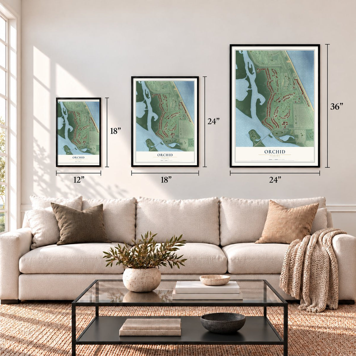 Orchid, Florida map in 12 x 18, 18 x 24 and 24 x 36 inch sizes above a sofa